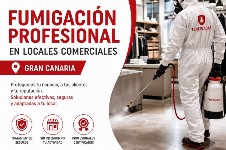 Técnico de Teneplagas realizando fumigación profesional en local comercial de Gran Canaria