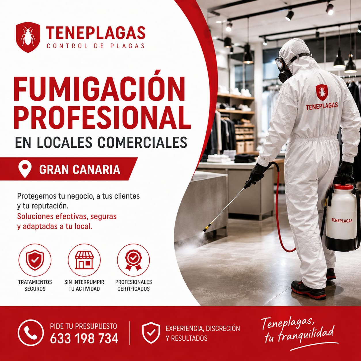 Técnico de Teneplagas realizando fumigación profesional en local comercial de Gran Canaria