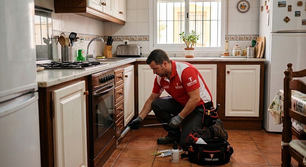 Técnico de TenePlagas aplicando gel contra cucarachas en la cocina de una vivienda en Cádiz