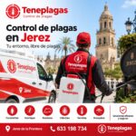 Técnico de TenePlagas fumigando junto a la catedral de Jerez de la Frontera con furgoneta de control de plagas
