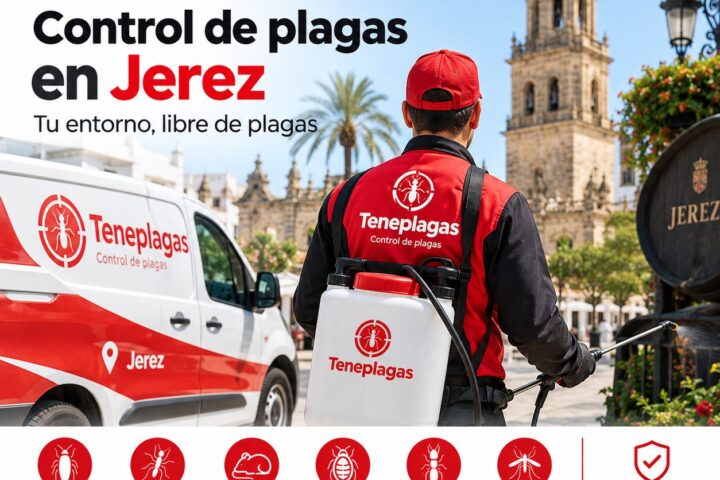 Técnico de TenePlagas fumigando junto a la catedral de Jerez de la Frontera con furgoneta de control de plagas