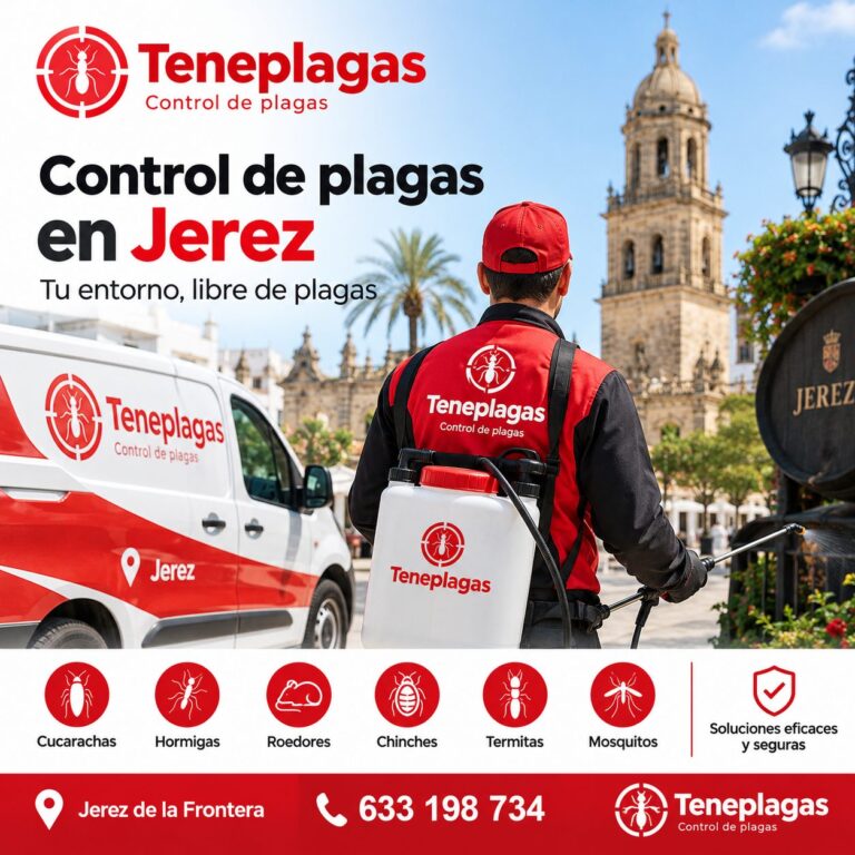 Técnico de TenePlagas fumigando junto a la catedral de Jerez de la Frontera con furgoneta de control de plagas