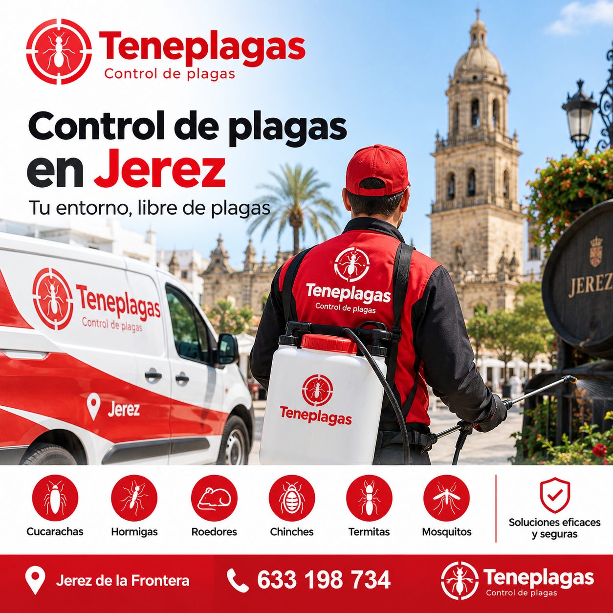 Técnico de TenePlagas fumigando junto a la catedral de Jerez de la Frontera con furgoneta de control de plagas