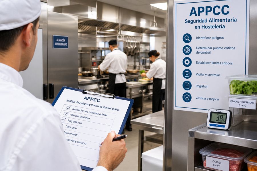 Técnico revisando el plan APPCC en la cocina de un restaurante