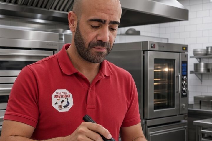 Técnico de TenePlagas inspeccionando una cocina profesional antes de un tratamiento de desinsectación
