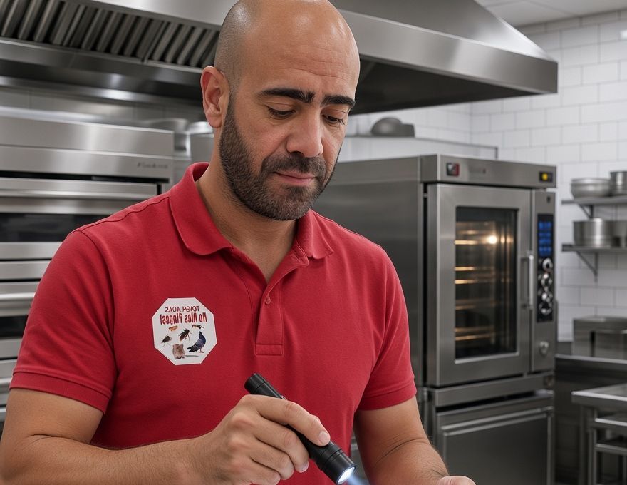Técnico de TenePlagas inspeccionando una cocina profesional antes de un tratamiento de desinsectación