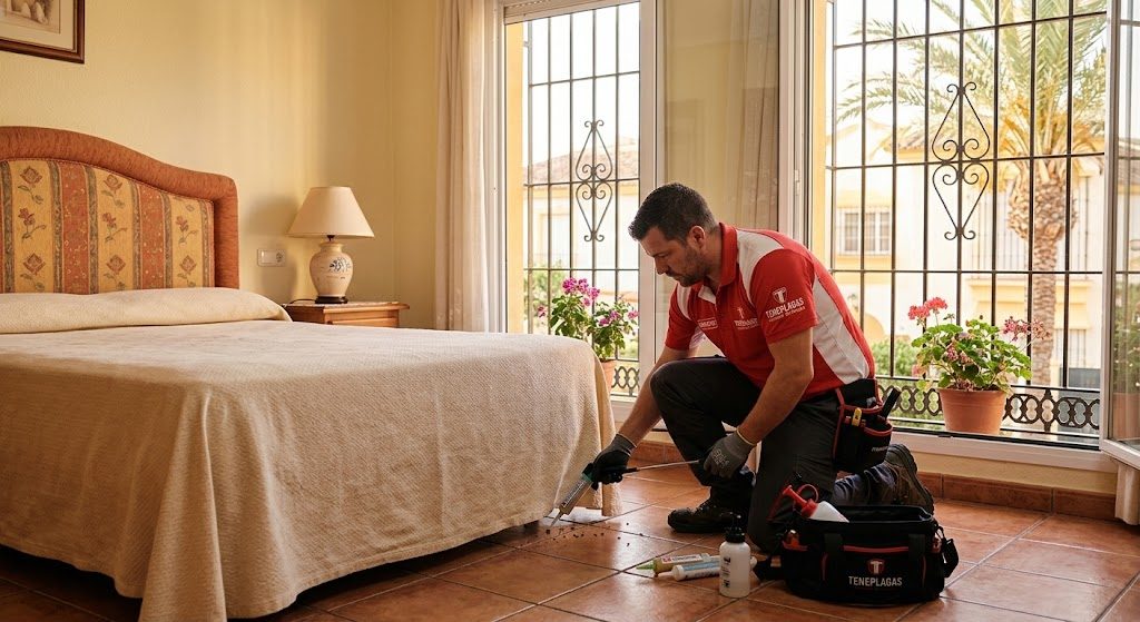 Técnico de TenePlagas aplicando tratamiento en el rodapié de un dormitorio de una vivienda en la provincia de Cádiz
